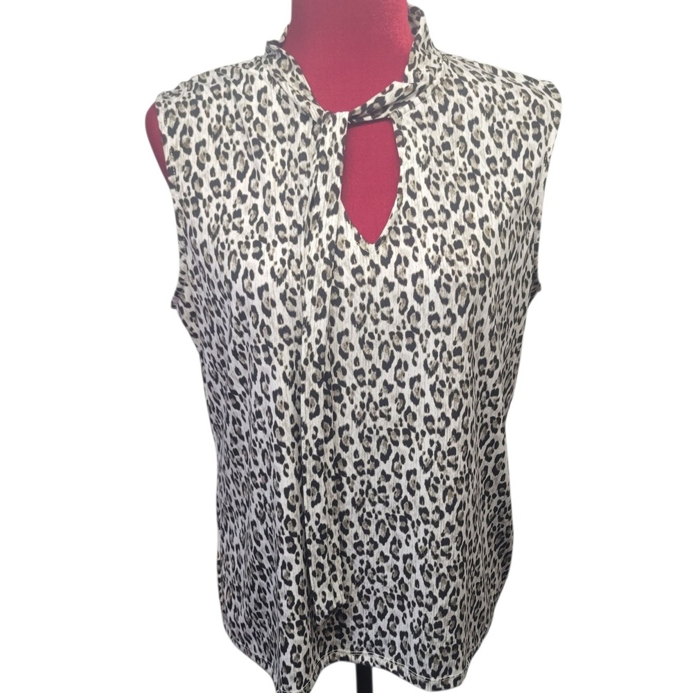 Tahari Women LG Leopard Print Tie Neck Keyhole Sleeveless Blouse Tan Black A695